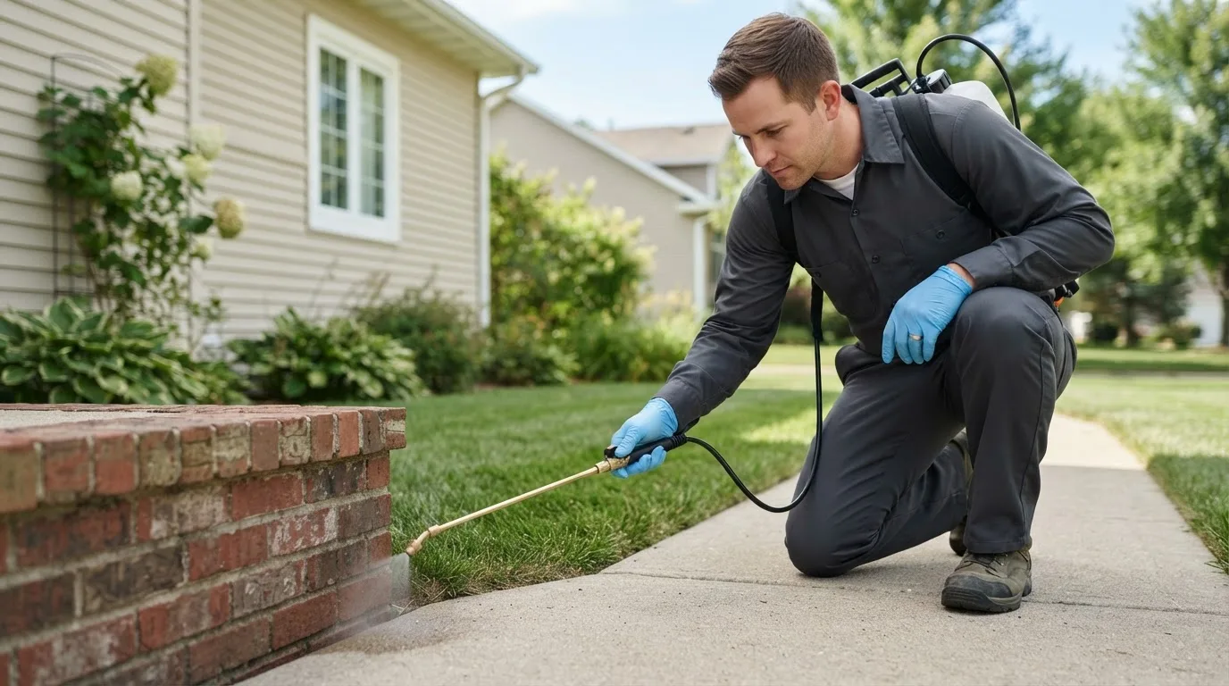 Pest control technician treating a home near Amity, OR